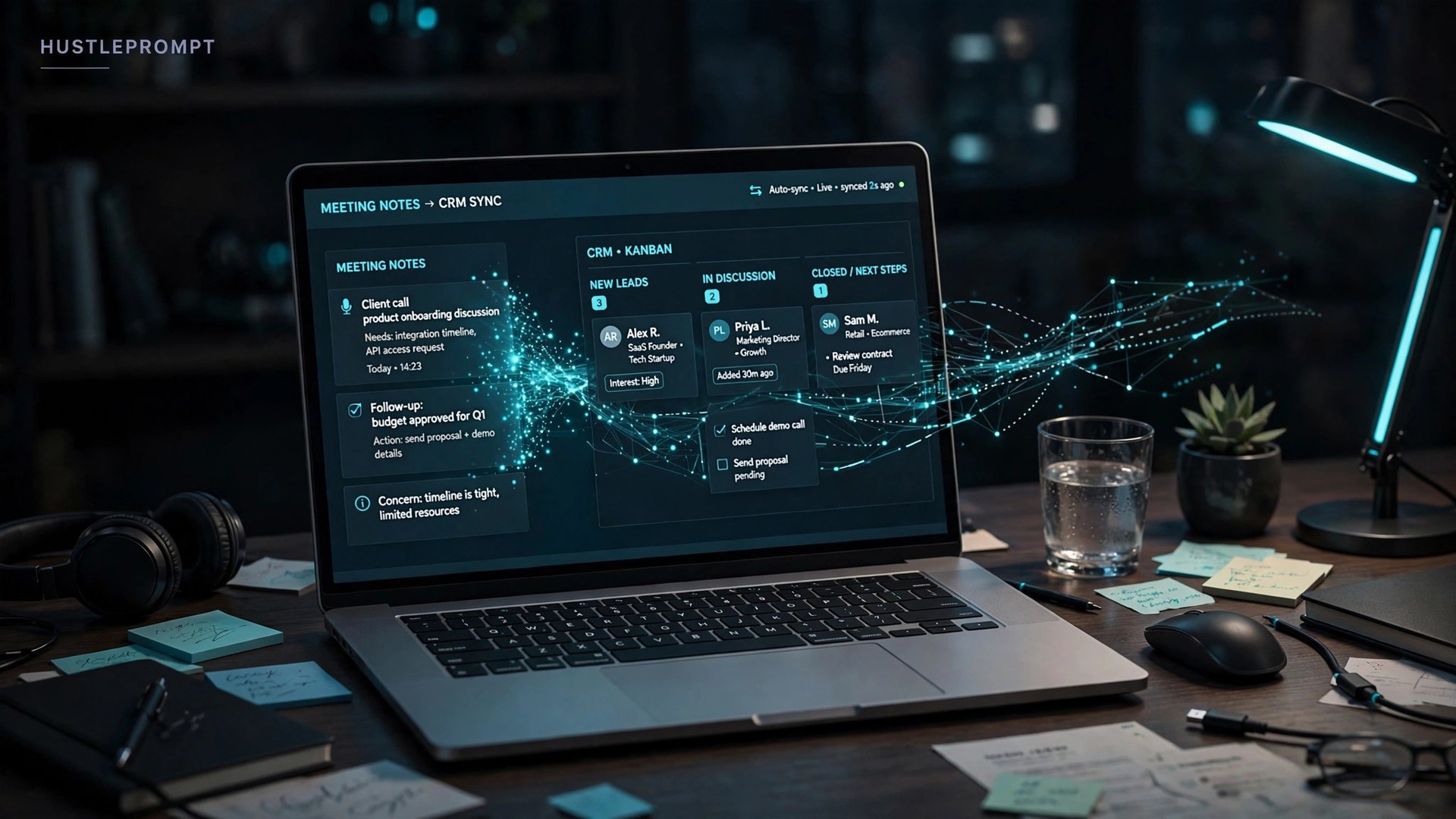 Freelancer workspace with meeting notes syncing to a CRM dashboard