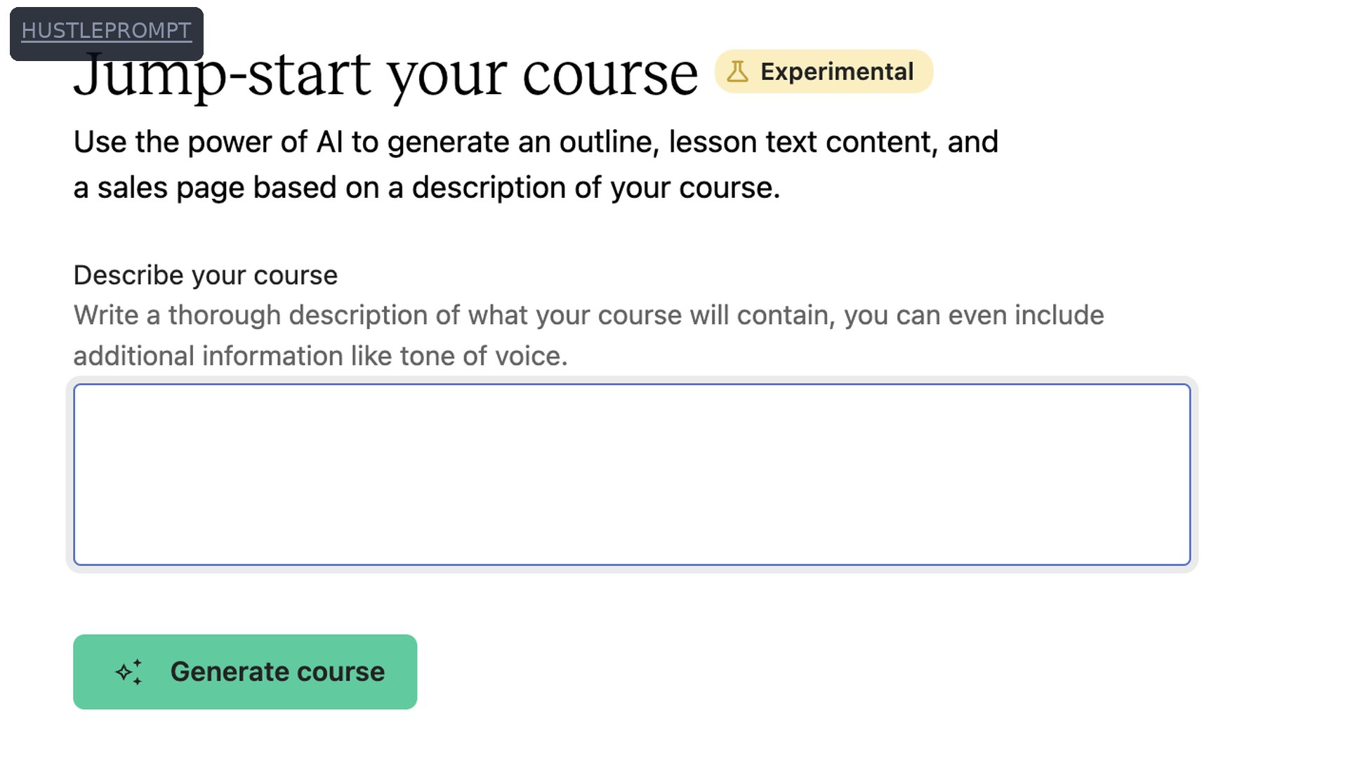 Teachable's AI course builder form titled Jump-start your course, generating an outline, lesson text, and sales page from a course description