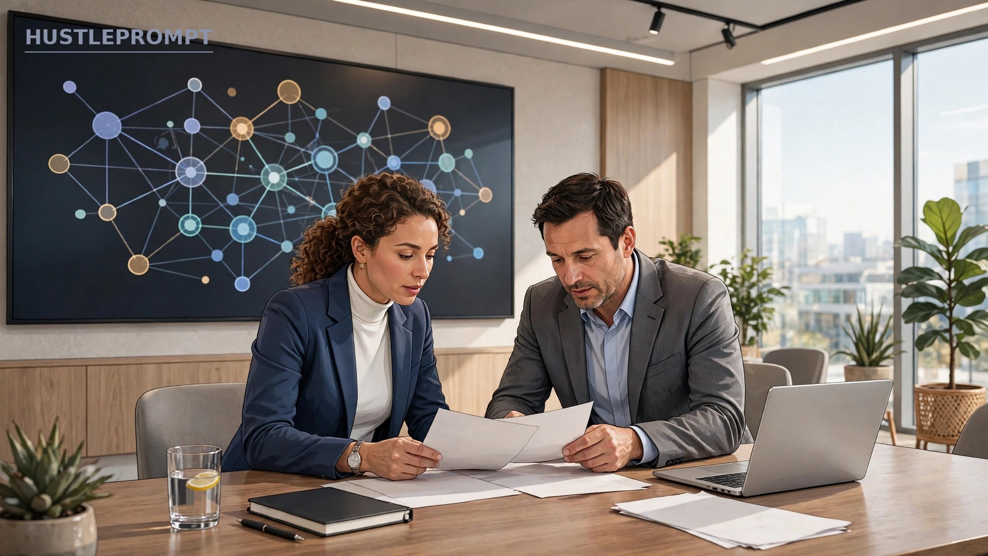 AI-generated illustration of a consultant reviewing a prompt library with a client in a modern office