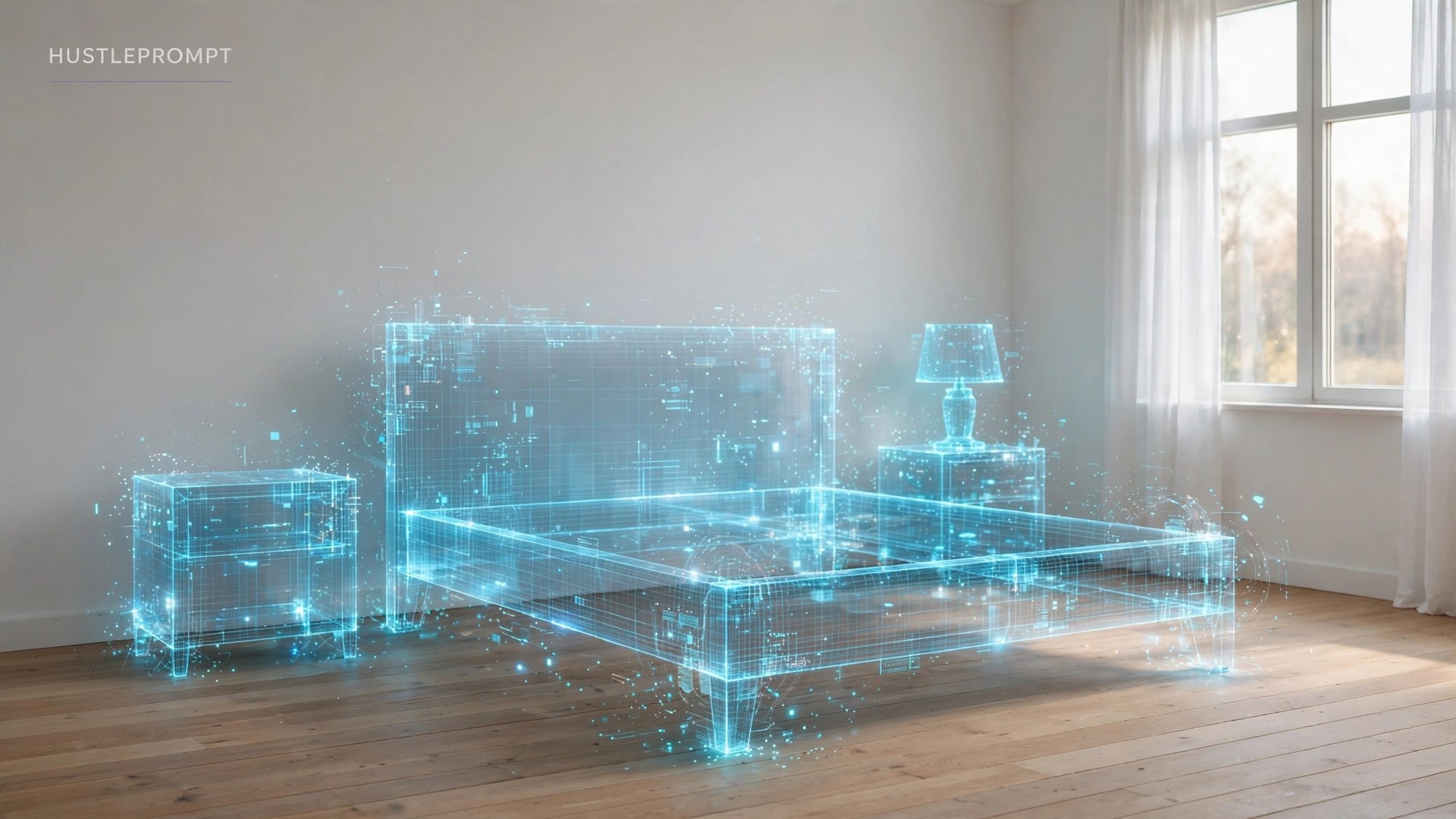 Empty bedroom being furnished by AI with holographic furniture