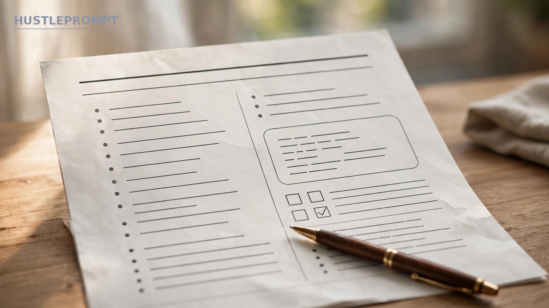 AI-generated illustration of a structured prompt template document with sections for inputs, template, and example outputs