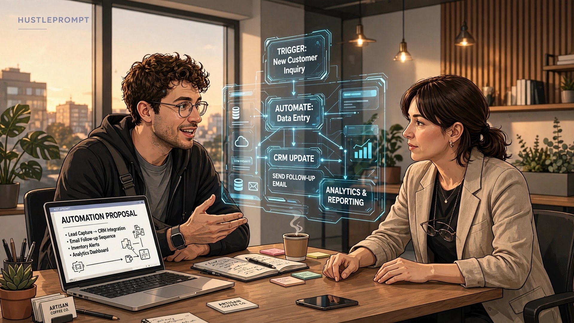 Illustration of a freelancer presenting an automation proposal to a small business owner