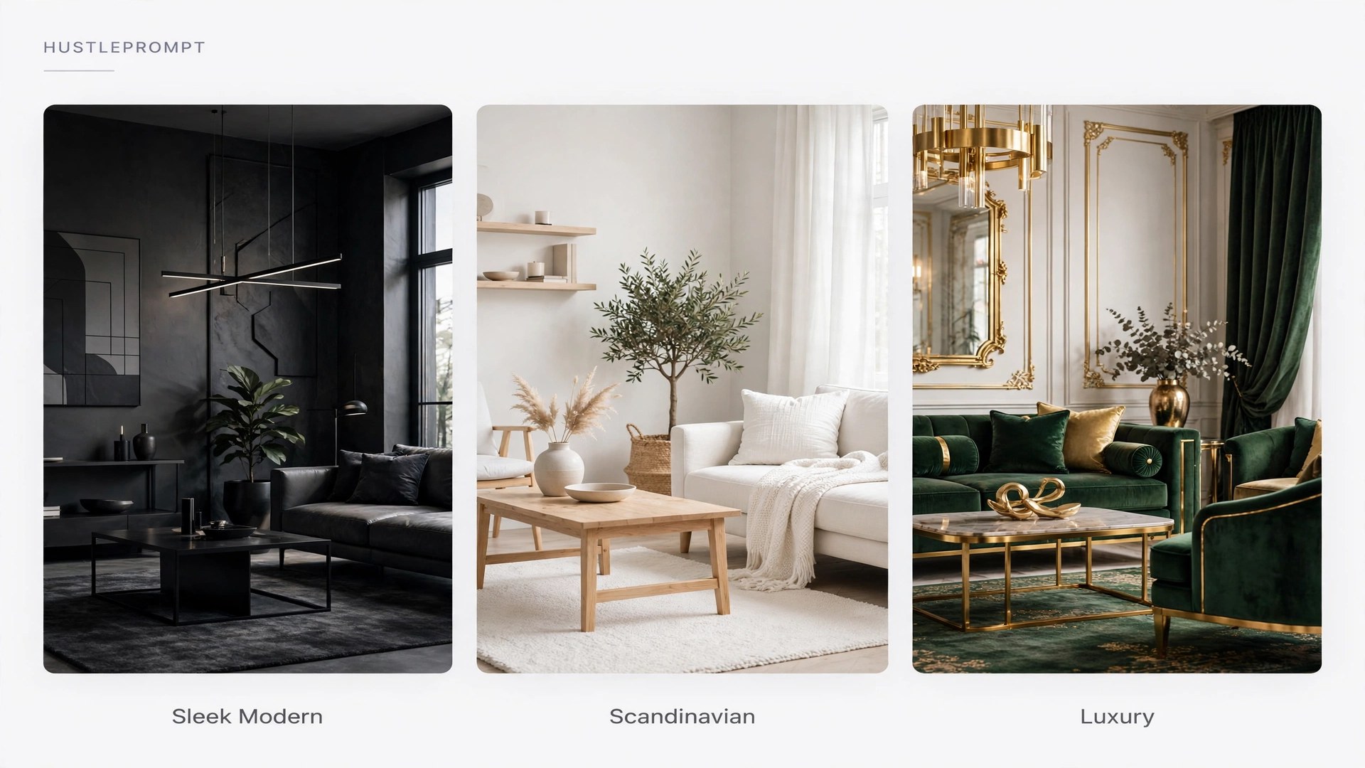 Three AI virtual staging style options: modern, Scandinavian, luxury