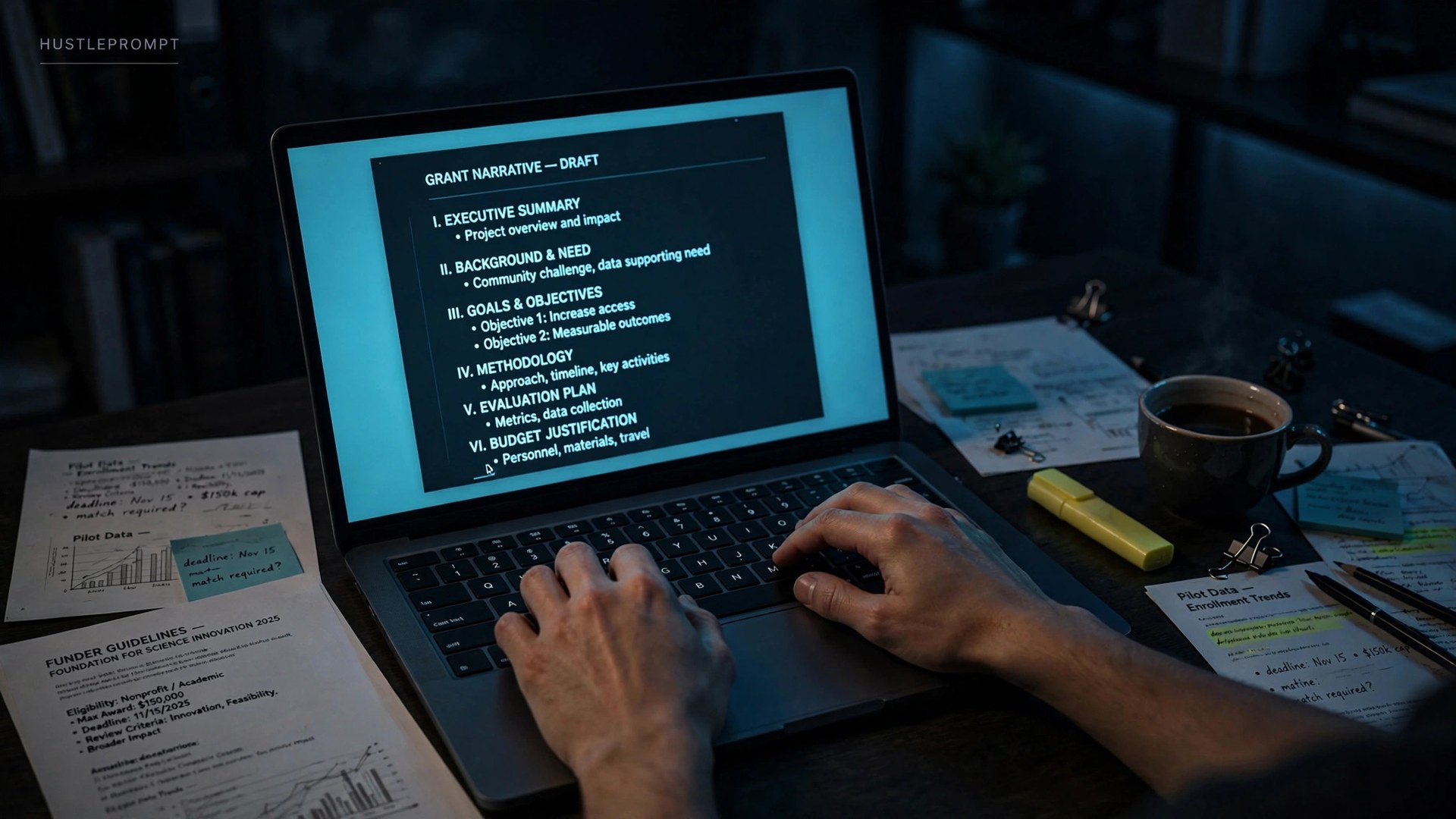 Freelancer drafting a grant narrative on laptop with research notes and funder guidelines