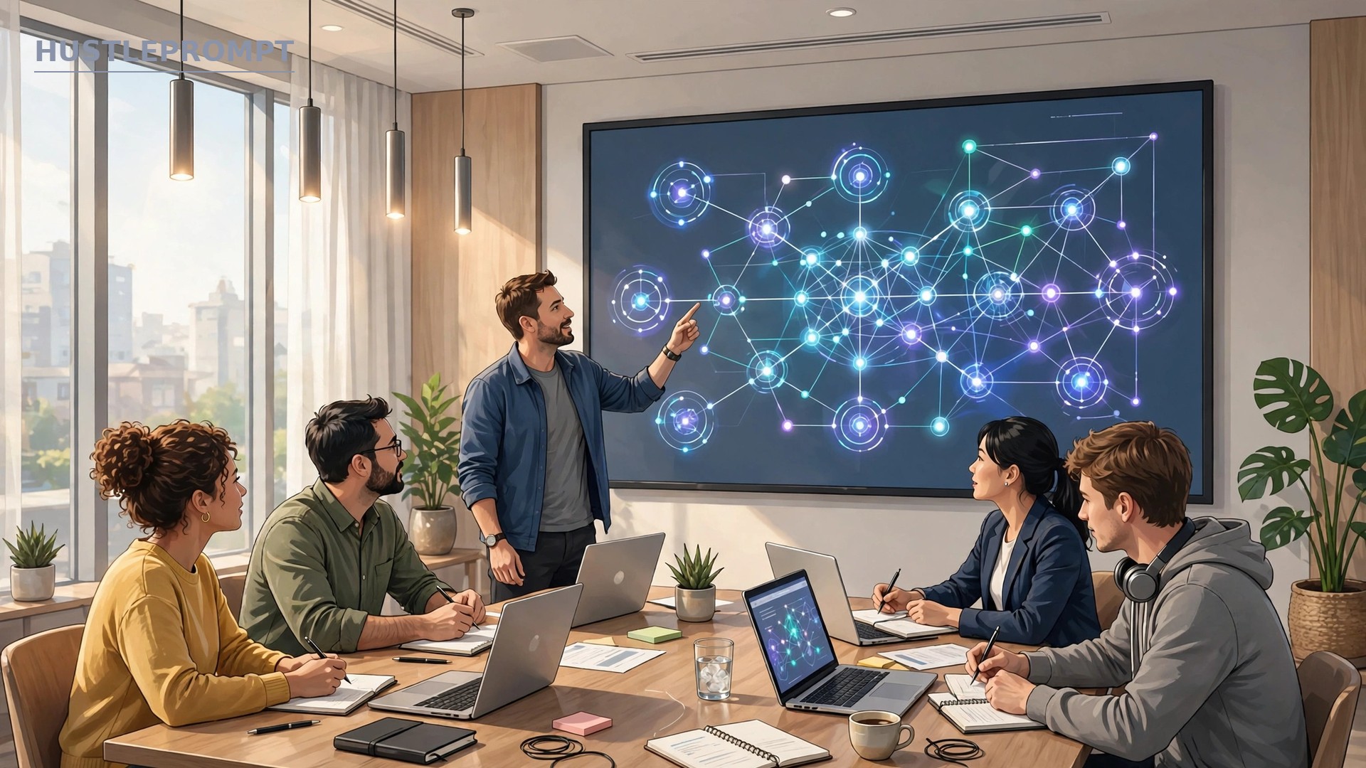 AI-generated illustration of a team training session on AI workflows led by a consultant