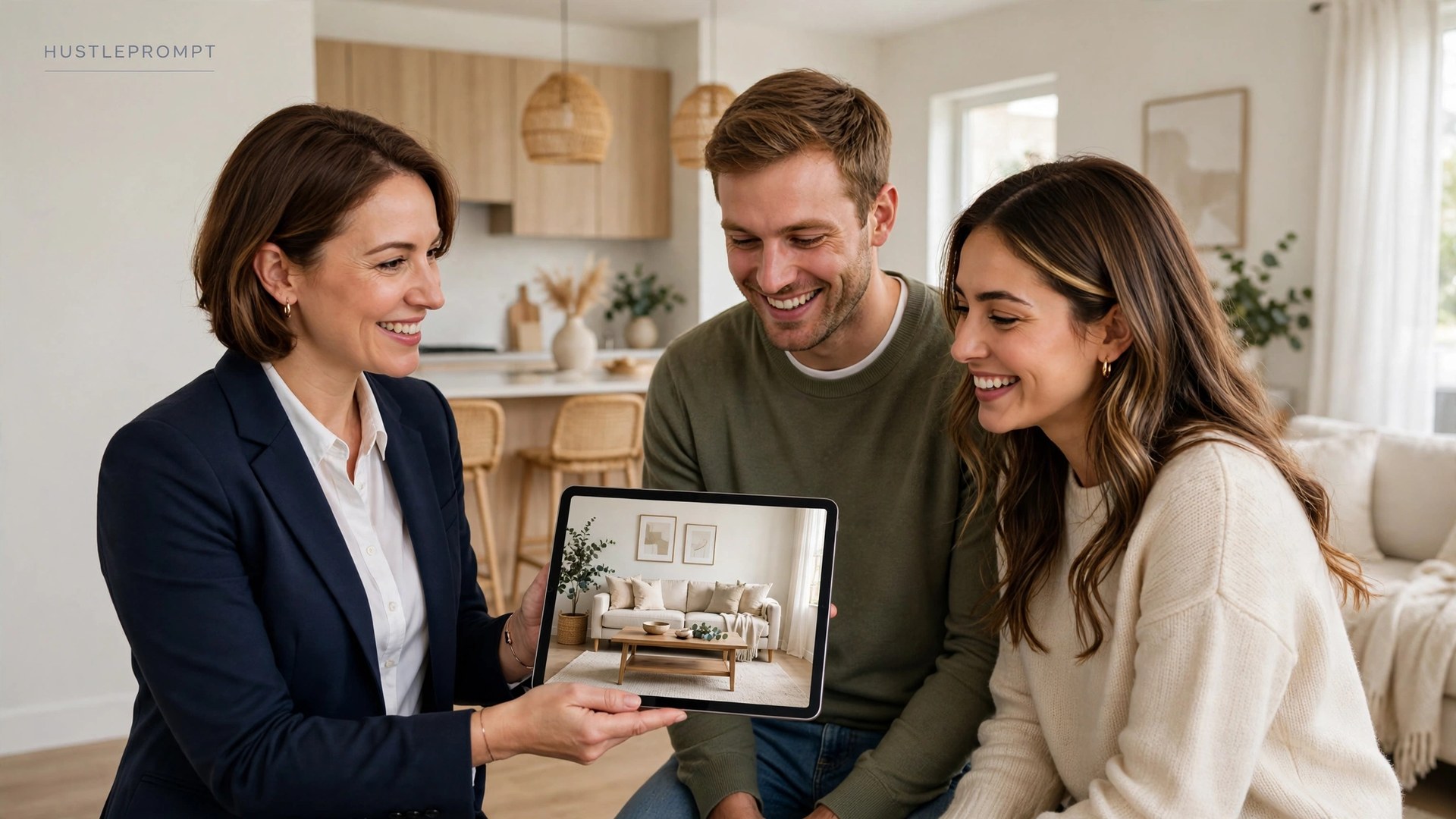 Real estate agent showing a staged listing photo on a tablet to home buyers