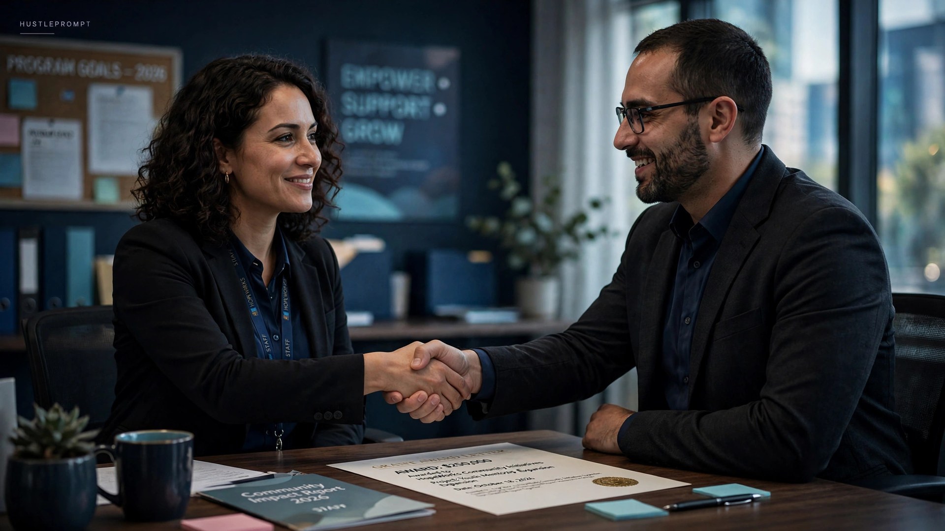 Professionals shaking hands over a grant award letter with gold seal in nonprofit office
