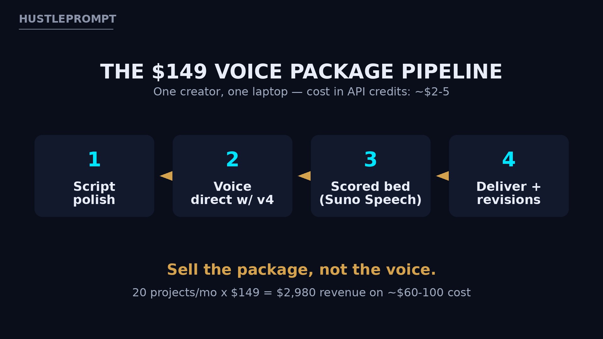 The $149 voice package pipeline: script, voice, scored bed, delivery